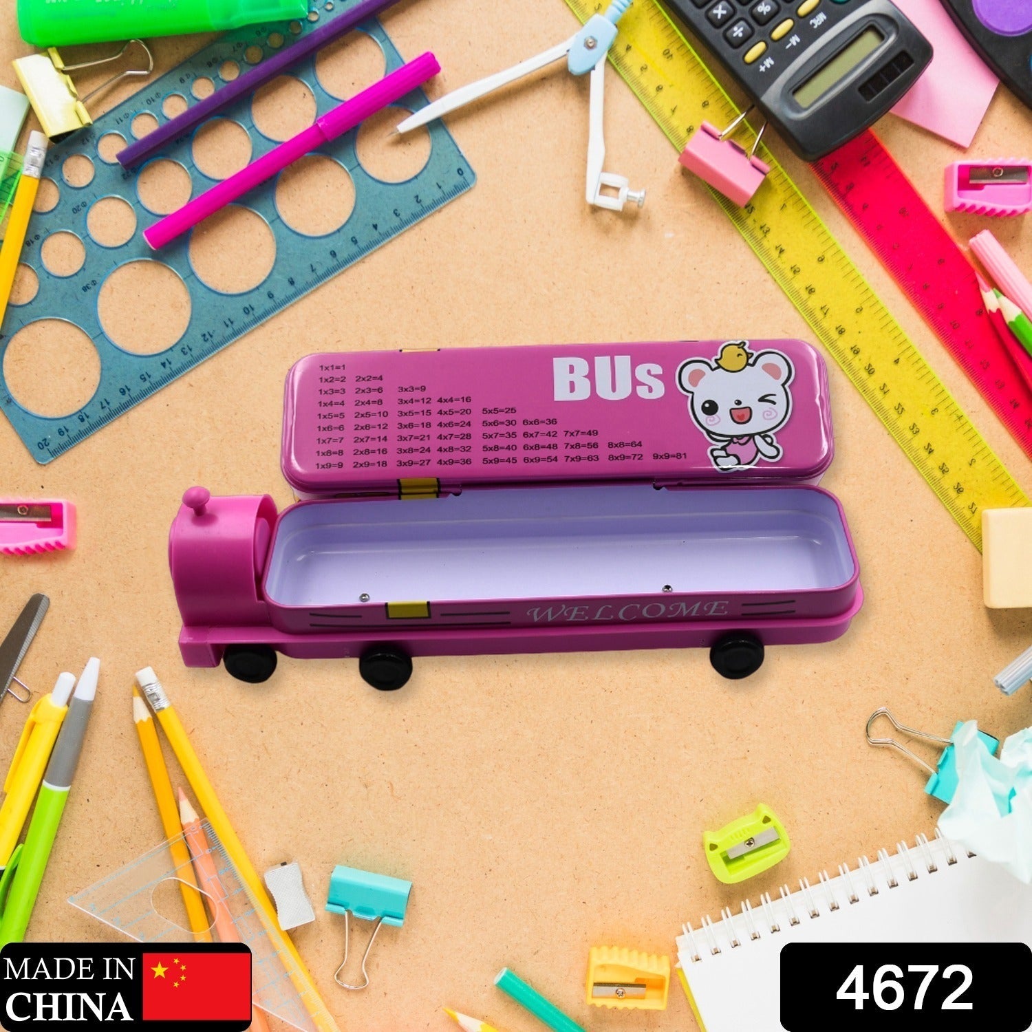 Metal bus compass pencil case with movable wheels. Metal bus compass pencil case with movable wheels.